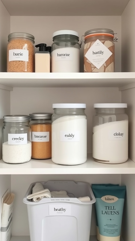 Organized bathroom shelf with labeled containers.