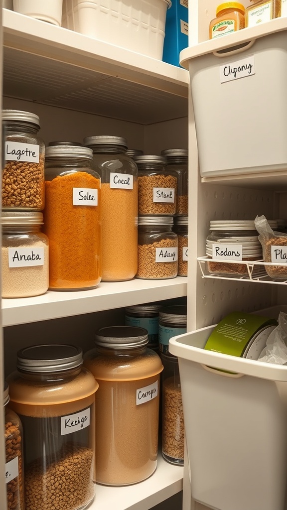 Organized pantry with labeled jars and containers.