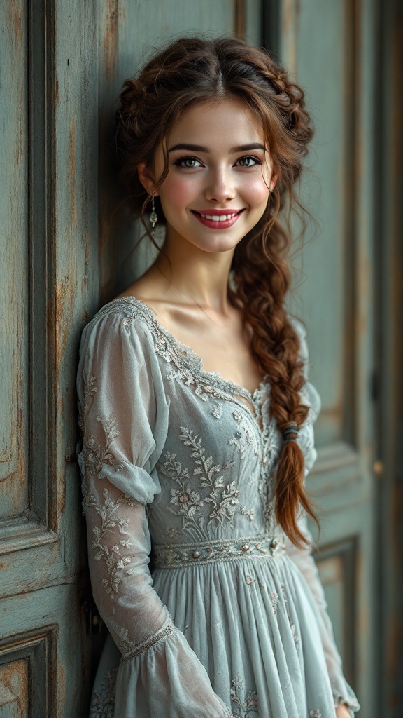 A woman with a lace braid updo, wearing a vintage dress, smiling against a wooden background.