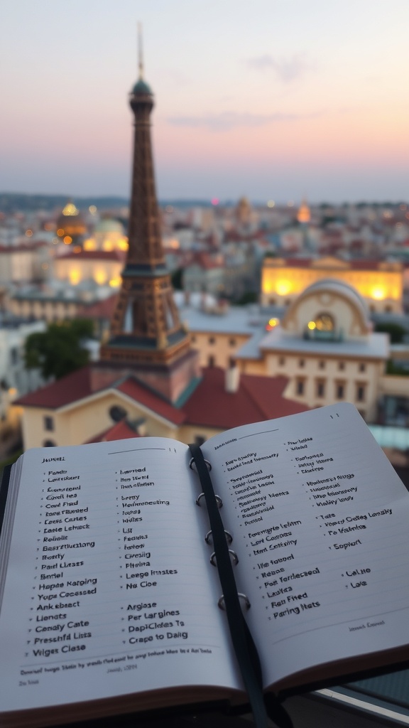 A travel journal open to a page with vocabulary lists, overlooking a city skyline.