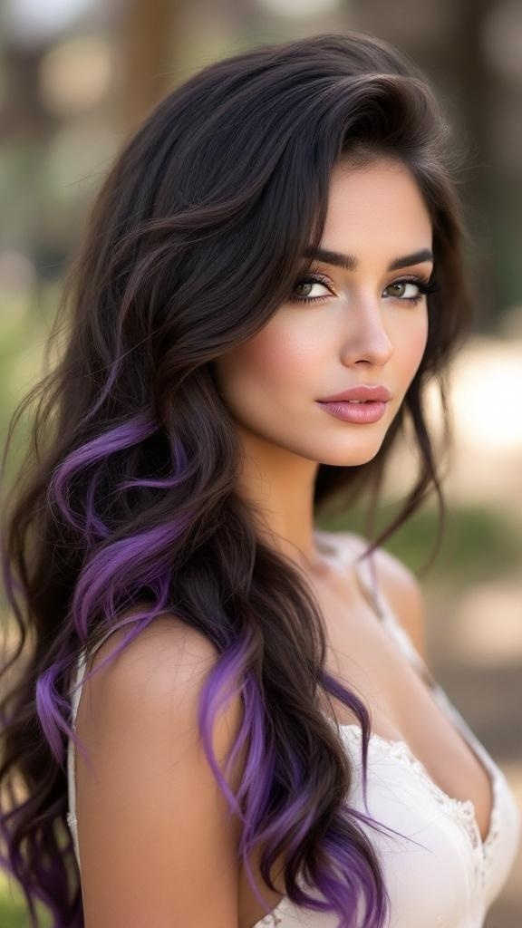 A woman with dark brown hair featuring lavender highlights, showcasing a stylish and trendy look.