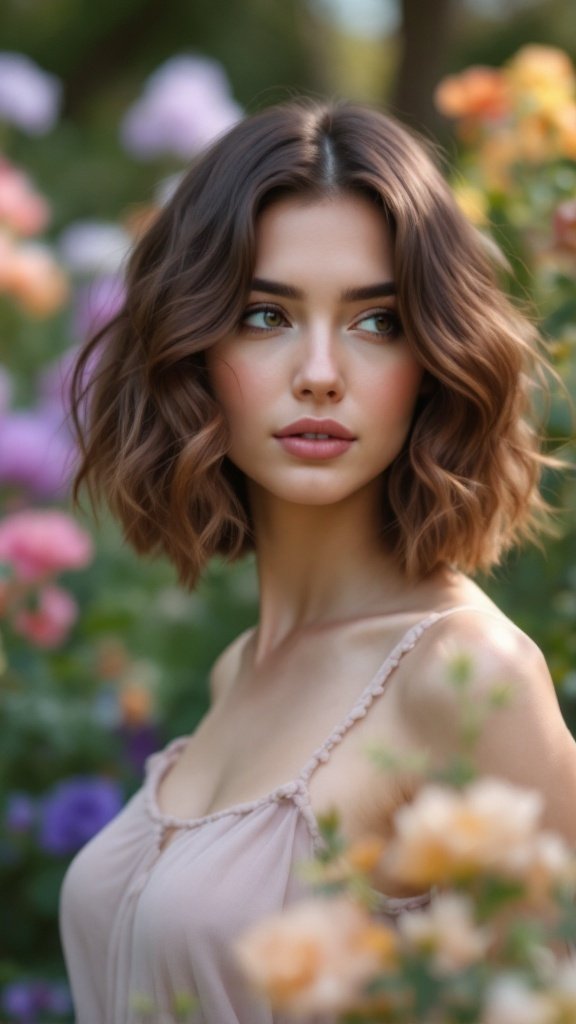 A woman with layered hair and face-framing pieces surrounded by colorful flowers.