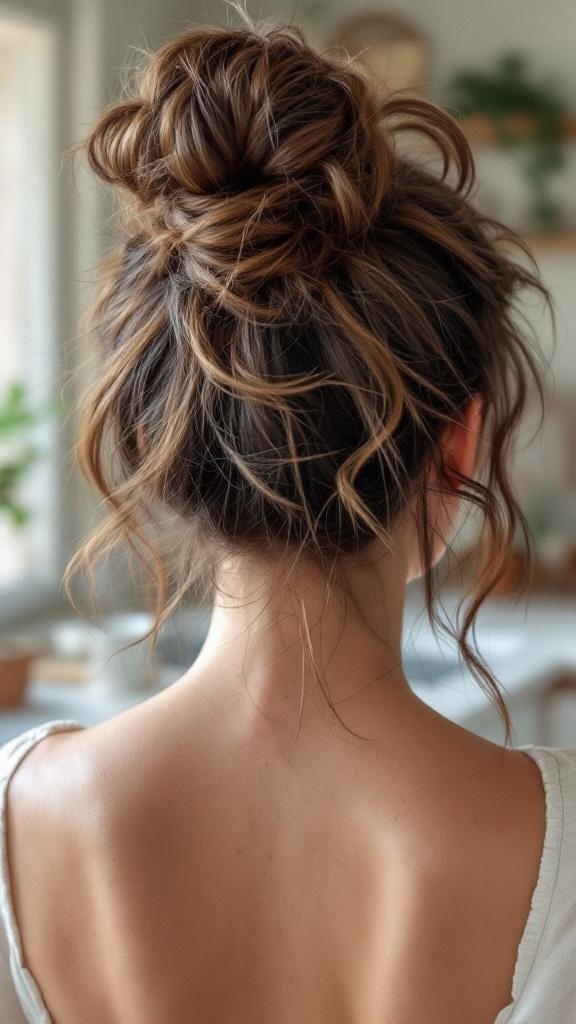 Back view of a woman with soft layered hair styled in a messy bun.