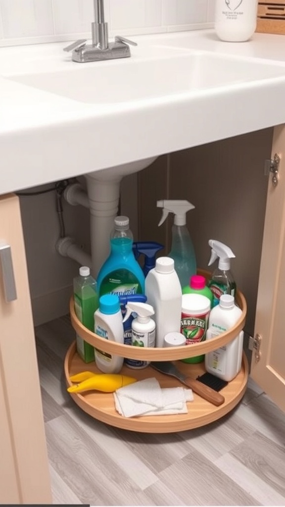 A wooden Lazy Susan with cleaning supplies under a sink.