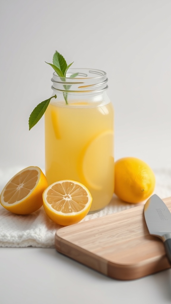A jar of lemon juice with fresh lemons and a knife on a wooden cutting board.