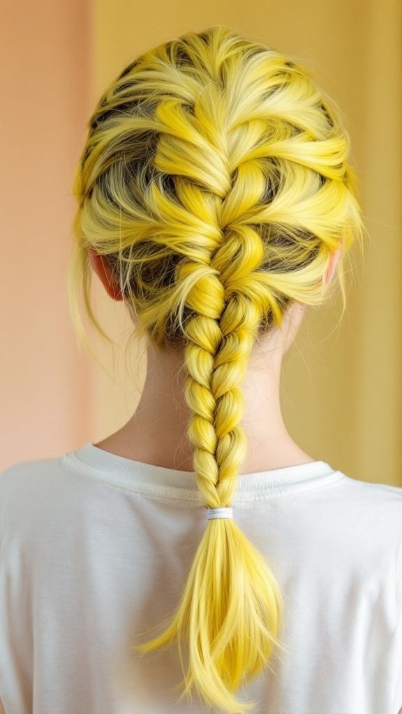 A close-up of lemonade braids styled into a side ponytail, showcasing bright yellow hair.