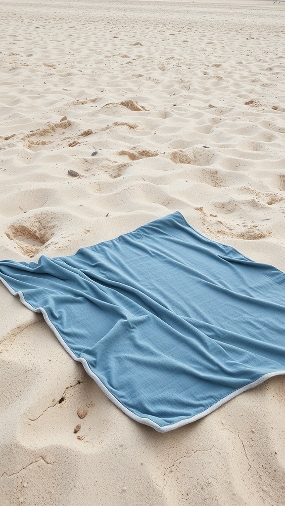 A lightweight blue blanket laid out on sandy beach