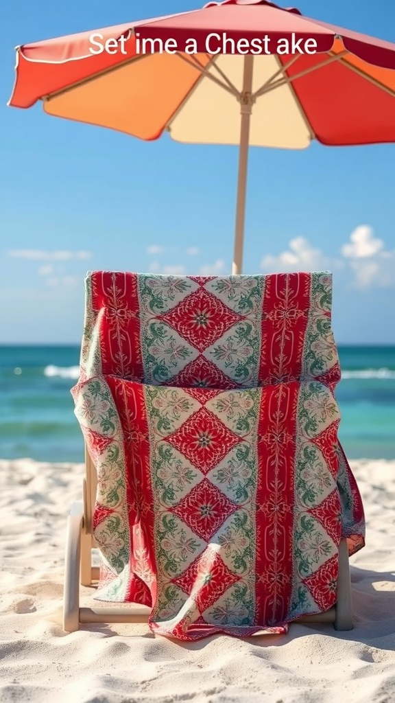 A colorful lightweight cover-up draped over a beach chair under an umbrella by the ocean.