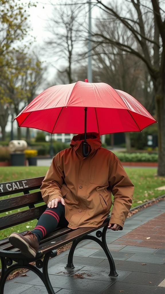 A person sitting on a bench under a large red umbrella, wearing a brown rain jacket.