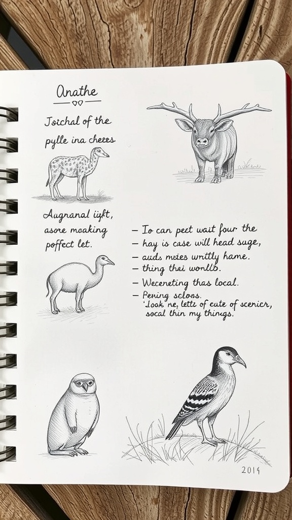 A travel journal page with sketches of various animals and notes about local wildlife.