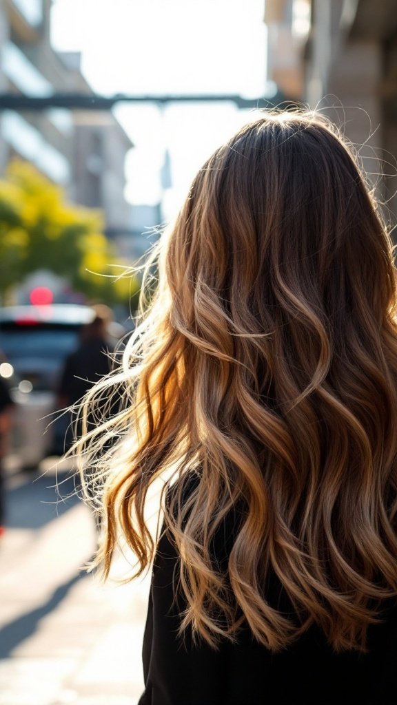 A woman with long hair featuring subtle balayage, standing in a sunlit street.