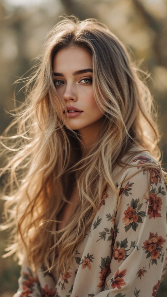 A woman with long layered hair, showcasing movement and volume.