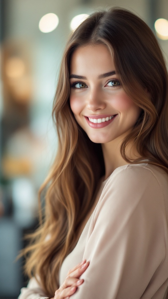 A woman with long, layered hair and face-framing pieces, smiling softly.