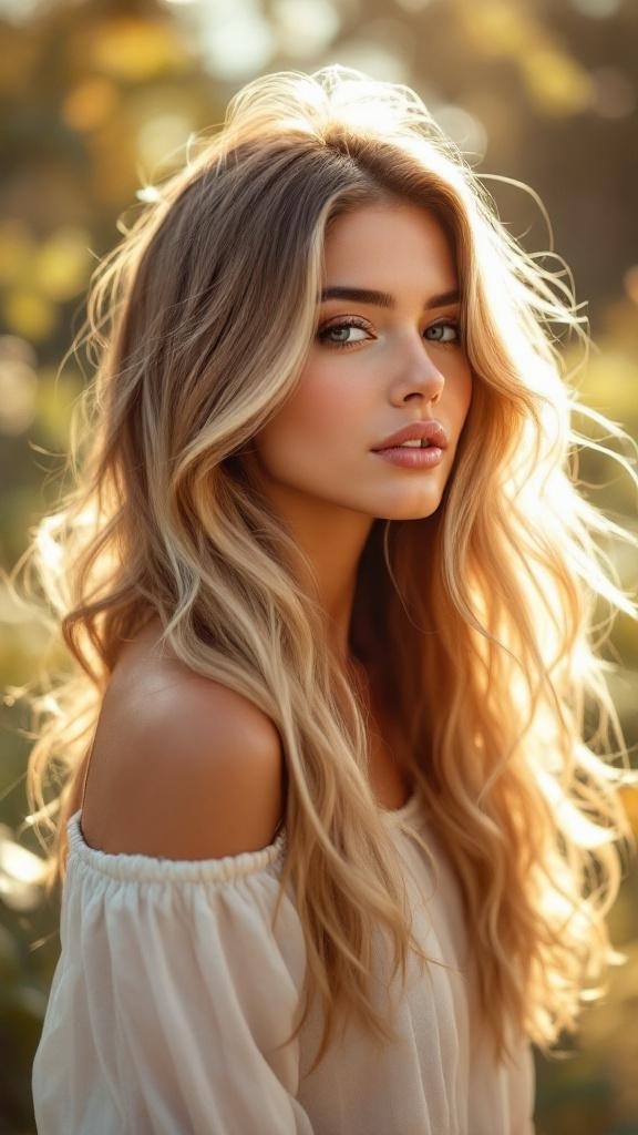 A woman with long soft layered hair and face-framing pieces, showcasing a natural and effortless style.