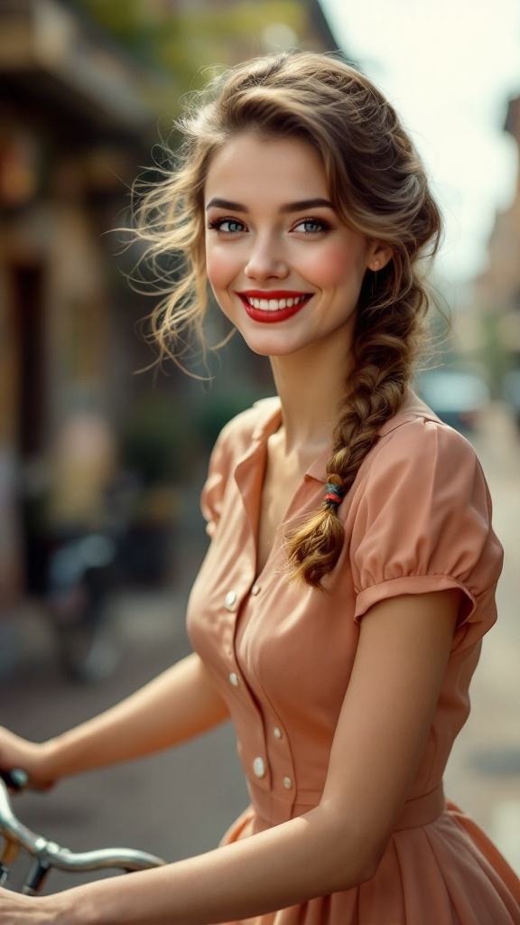 A woman with a loose braid and soft curls, smiling while riding a bicycle.