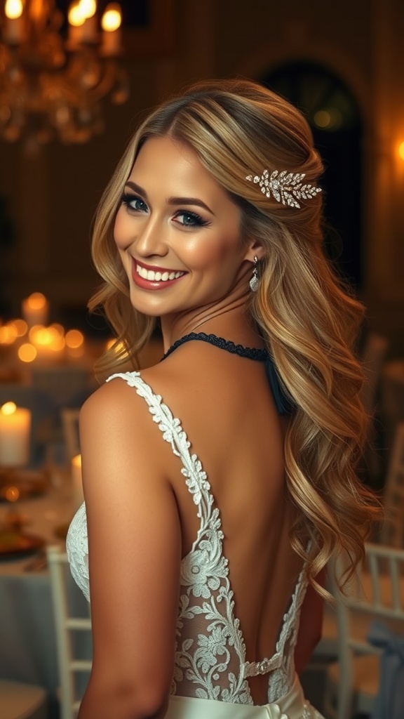 A bride with loose romantic curls and a sparkling hair accessory smiling at the camera.