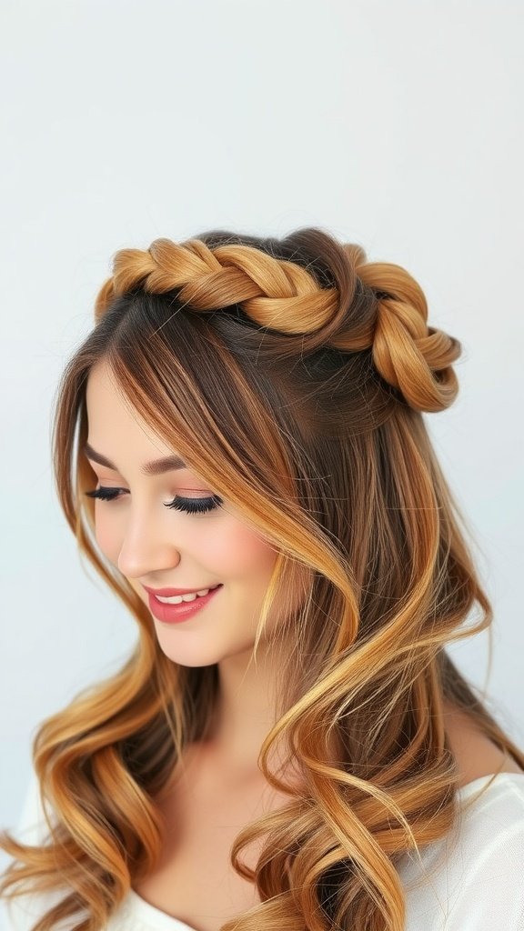 A woman with loose twisted crown hairstyle and tendrils