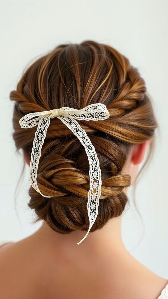 A low boho chignon hairstyle adorned with a lace ribbon
