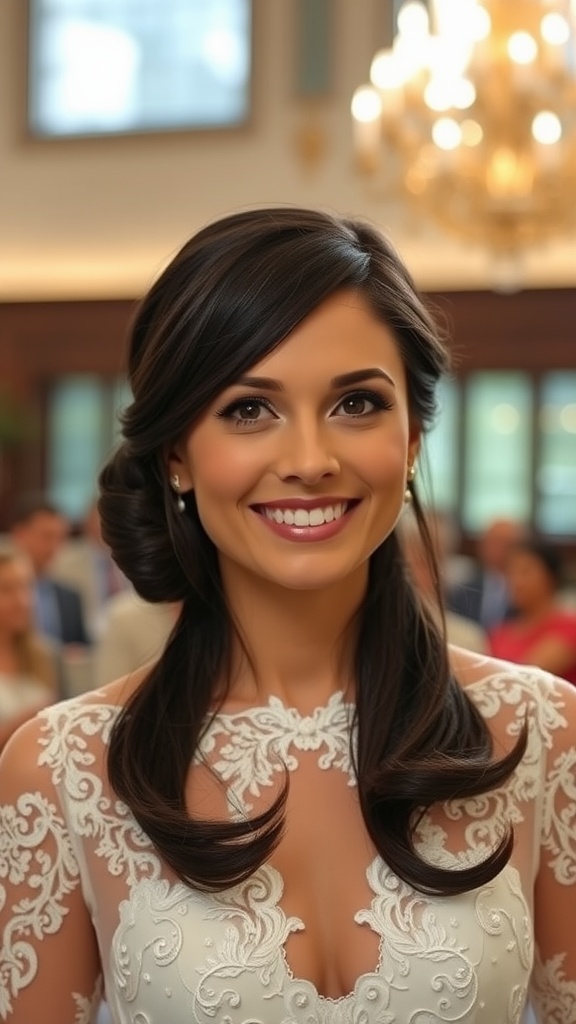 A bride with a low bun hairstyle and side-swept bangs, smiling in her wedding dress.