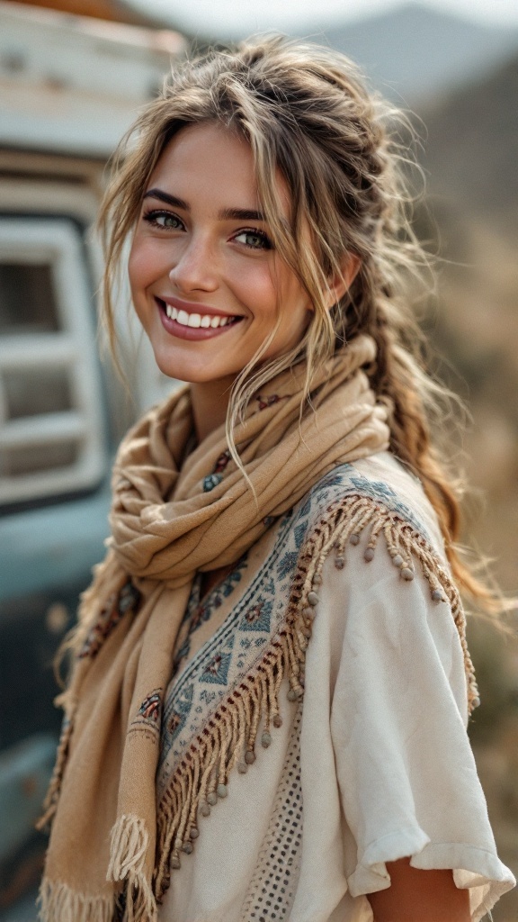 A smiling woman with a low ponytail and a fringe scarf, dressed in a boho style.