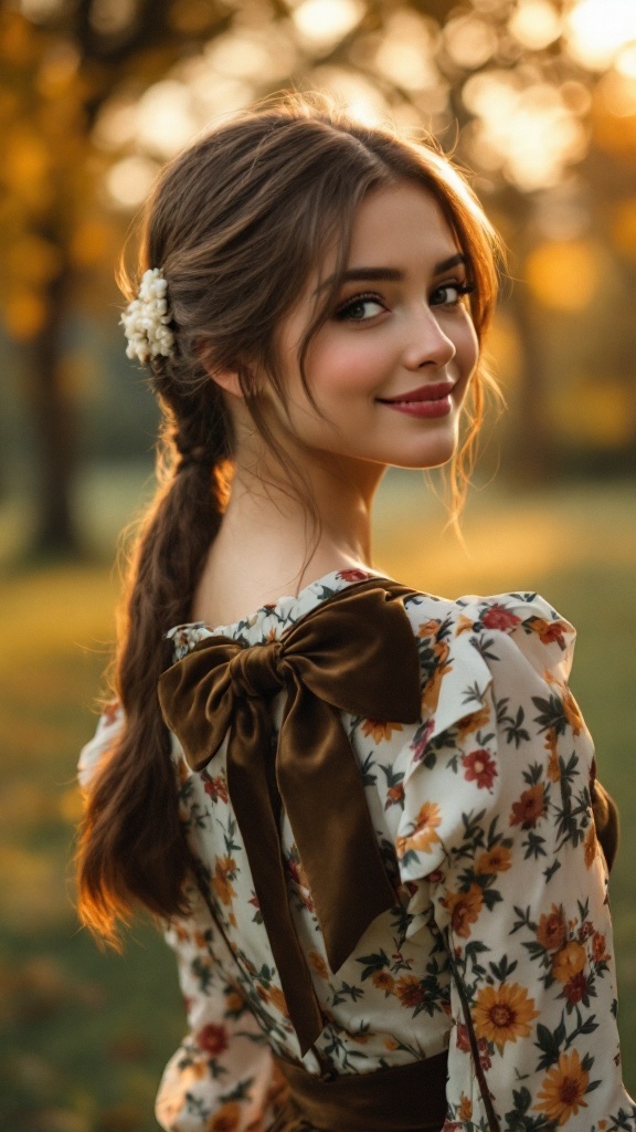 A young woman with a low ponytail tied with a velvet bow, smiling in a floral dress