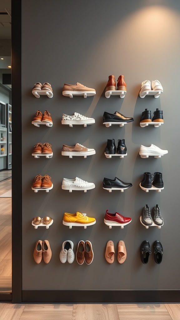 A wall displaying various shoes held by magnetic shoe holders.
