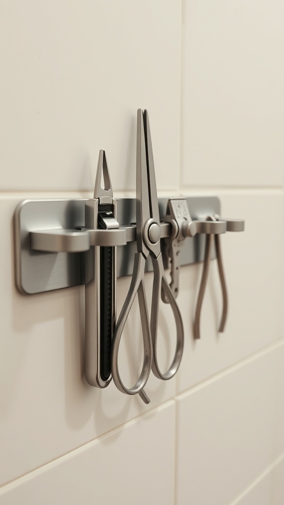 Magnetic strip holding various metal tools in a bathroom setting.