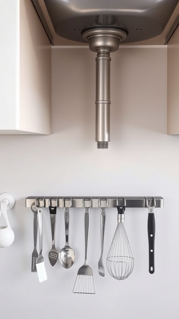 Magnetic strip holding various kitchen utensils under a sink.
