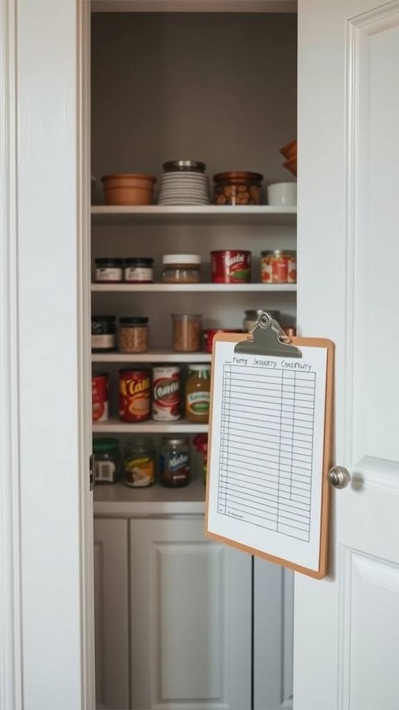 A pantry with shelves of organized food items and a clipboard with an inventory checklist.