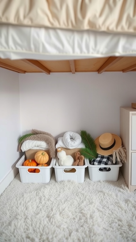 Under-bed storage with bins containing blankets, pumpkins, and a hat.