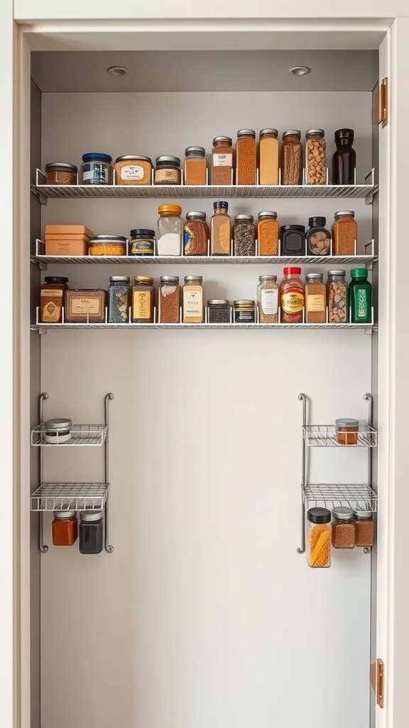 Organized pantry door with racks holding various jars and spices.