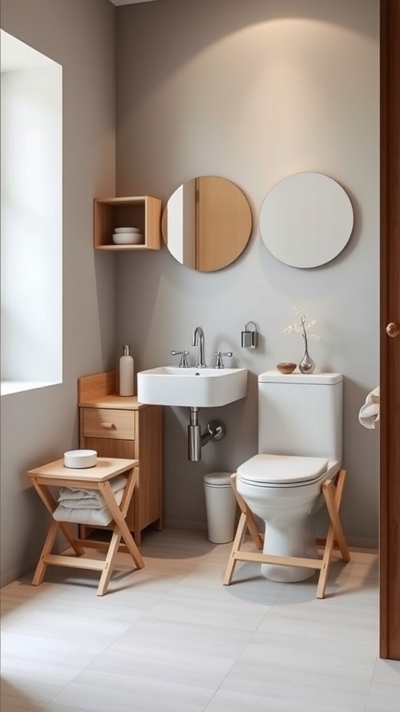 A modern bathroom featuring foldable furniture for space-saving organization.