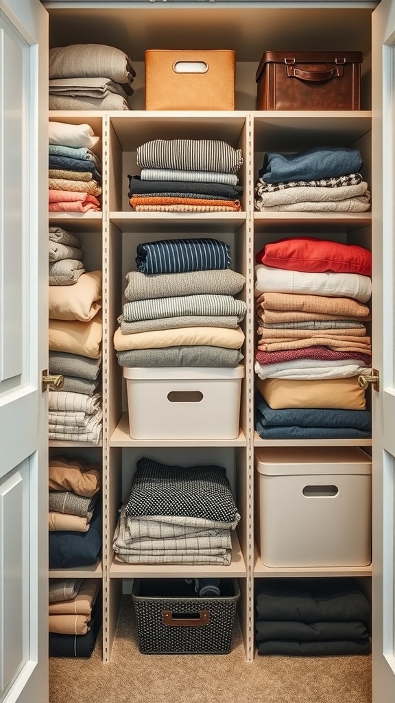 Organized closet with neatly stacked clothes and storage bins on shelves