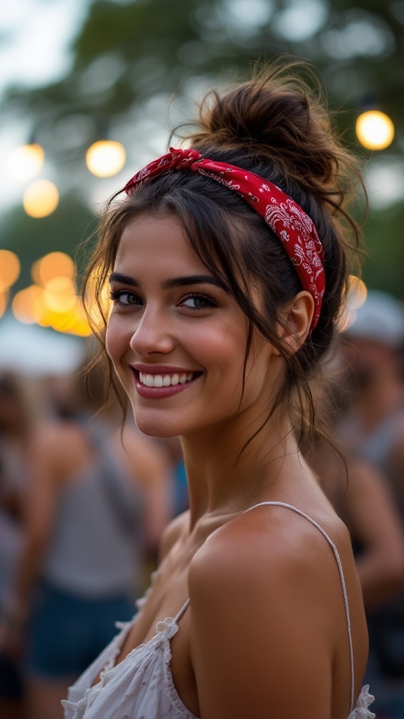 A woman wearing a messy bun with a red bandana, smiling at a summer festival.