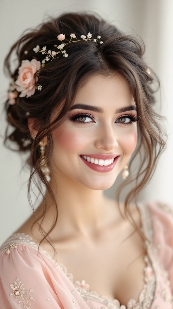 A stunning bride with a messy bun hairstyle adorned with pink flowers and loose curls, smiling brightly.