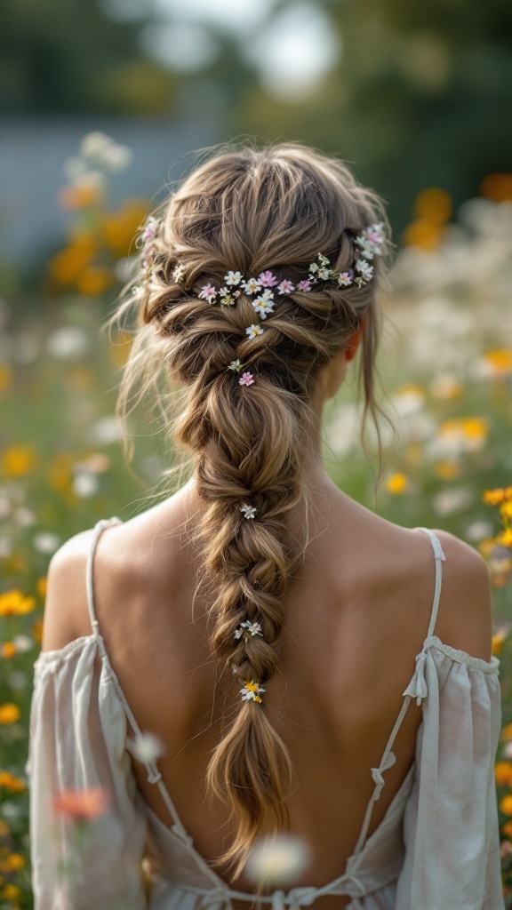 A messy fishtail braid adorned with flowers, set against a field of wildflowers.