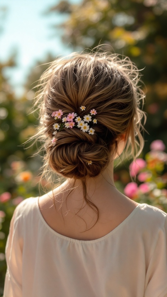 A woman with a messy half-up bun adorned with small floral accents, set against a backdrop of blooming flowers.