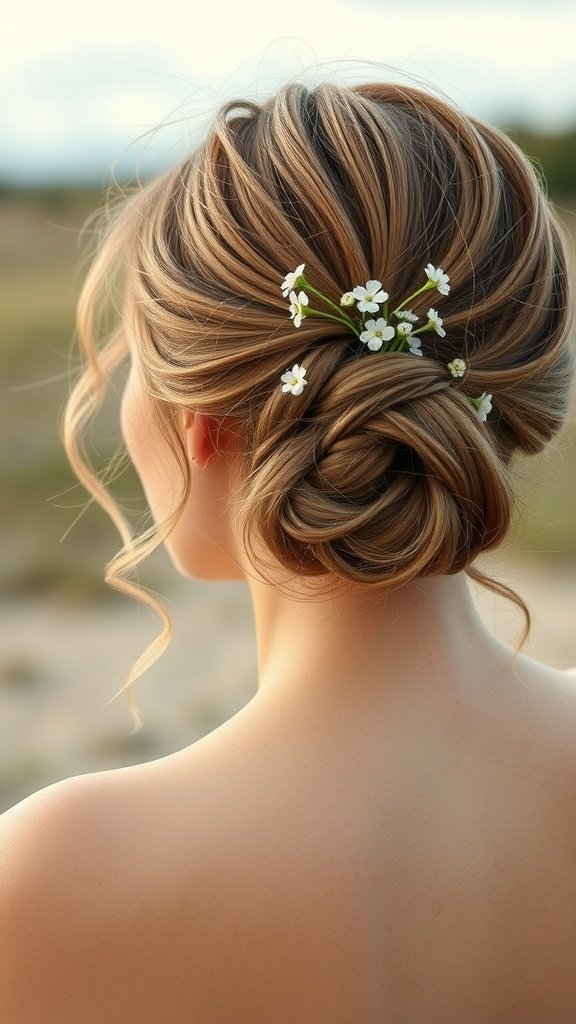 A woman with a messy low bun hairstyle and face-framing curls, decorated with small white flowers.