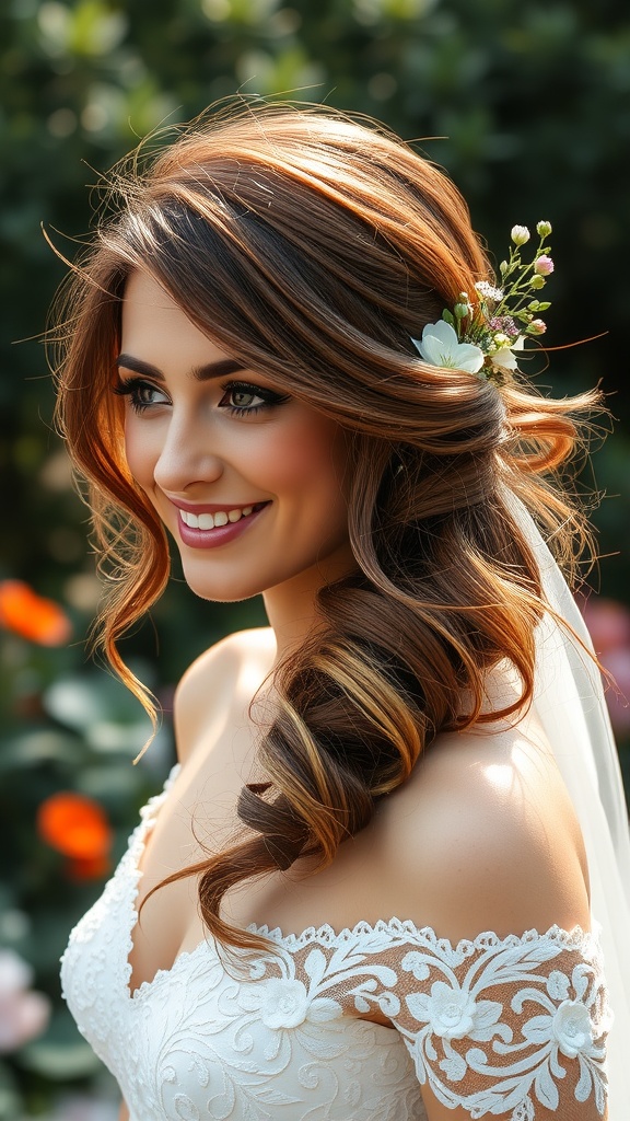 A bride with a messy low bun hairstyle adorned with tendrils and flowers.