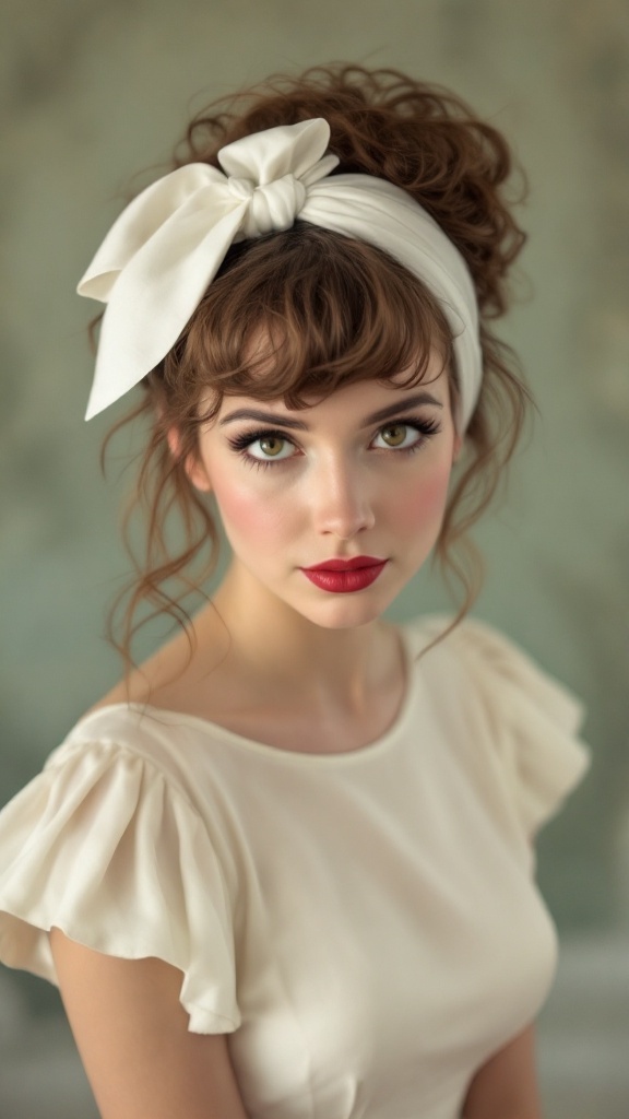 A young woman with a messy pin-up hairstyle, featuring soft curls and a white scarf tied in a bow, wearing a light colored dress and bold red lips.
