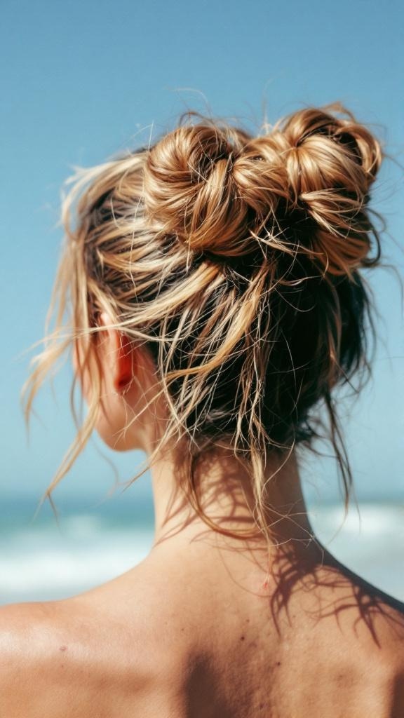 A woman with messy space buns hairstyle, enjoying a sunny day at the beach.