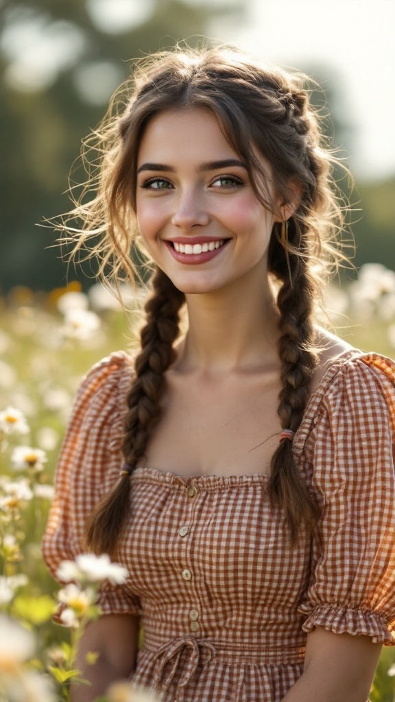 A young woman smiling in a field with milkmaid braids, wearing a brown gingham dress.