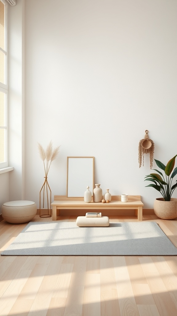 A minimalist living room with natural light, wooden furniture, and decorative plants.