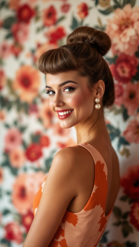 A stylish woman with a mini bouffant ponytail, smiling against a floral backdrop.