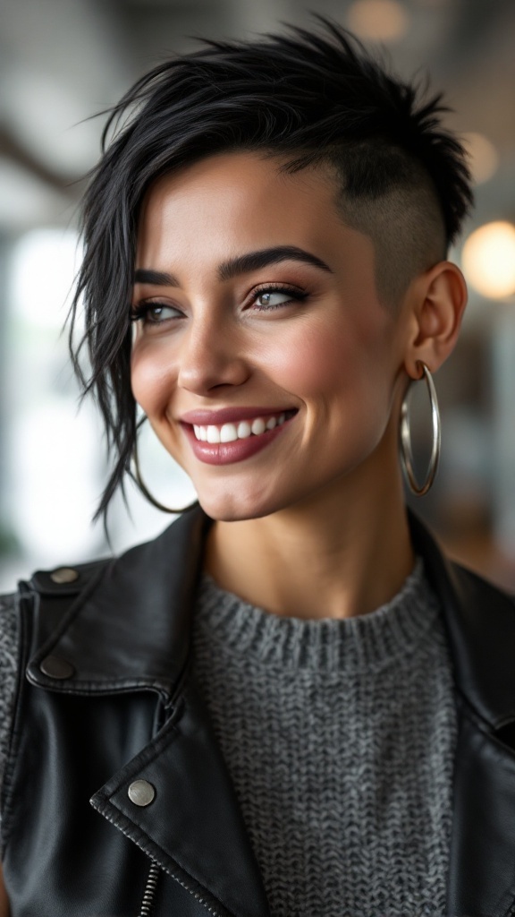 A young woman with a mini mohawk fade hairstyle, smiling confidently in a casual outfit.