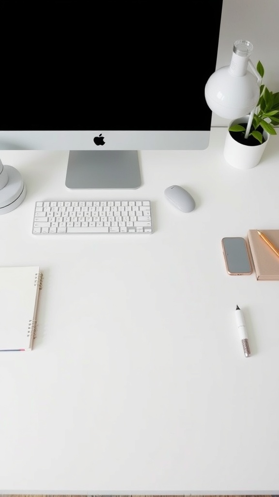 A clean and organized minimalist desk setup with a computer, keyboard, lamp, notebook, and plant.