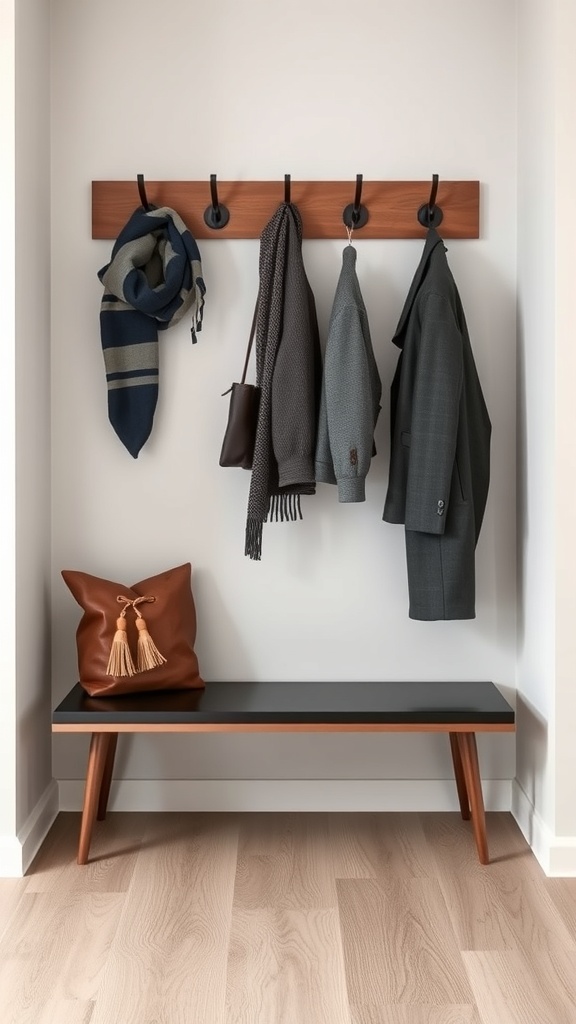 Minimalist entryway with hooks for coats and a bench for bags.