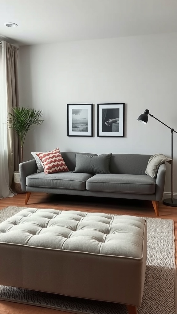 A minimalist living room featuring a gray sofa, a tufted ottoman, and framed artwork on the wall.