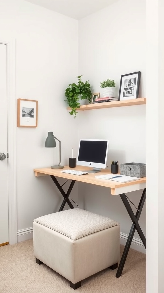 A small home office setup with a desk, computer, and an ottoman.