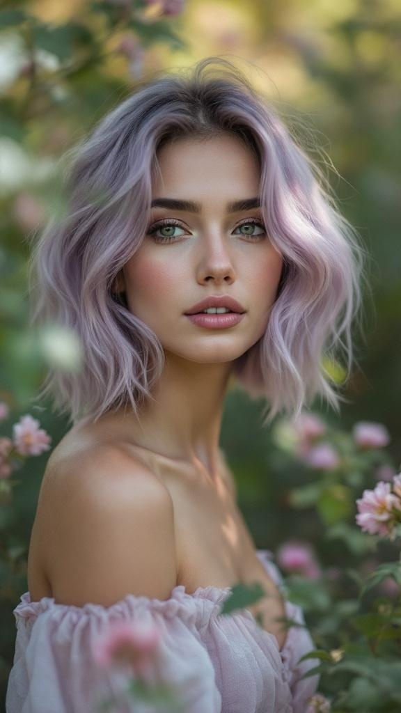 A person with muted lilac layered hair, surrounded by flowers.